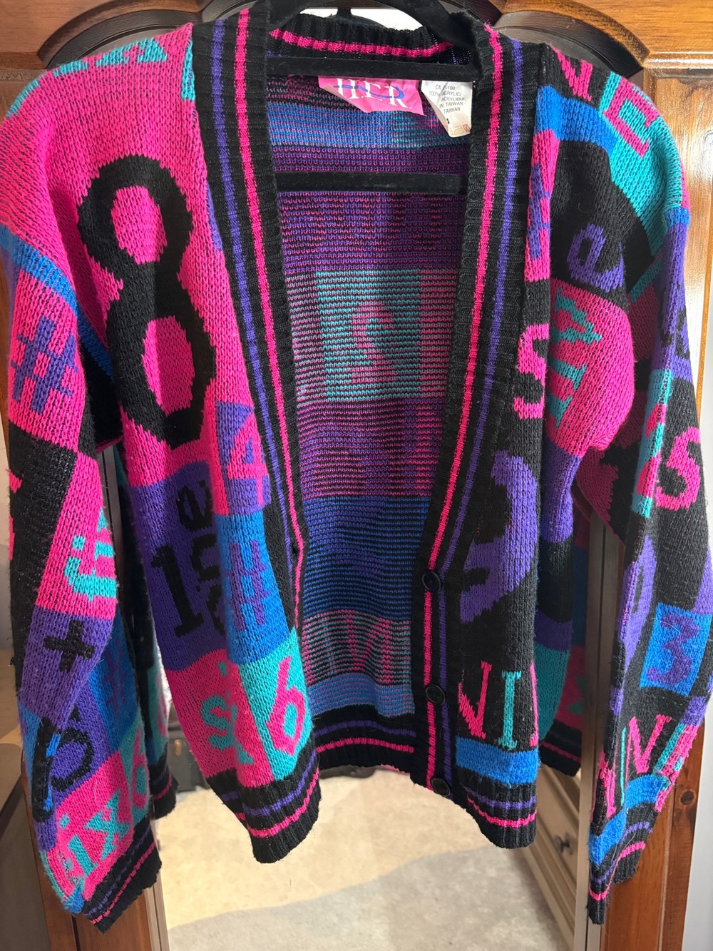 Vintage 90s Button-up Graphic Cardigan Sweater in Pink, Plum, Blue, and Black